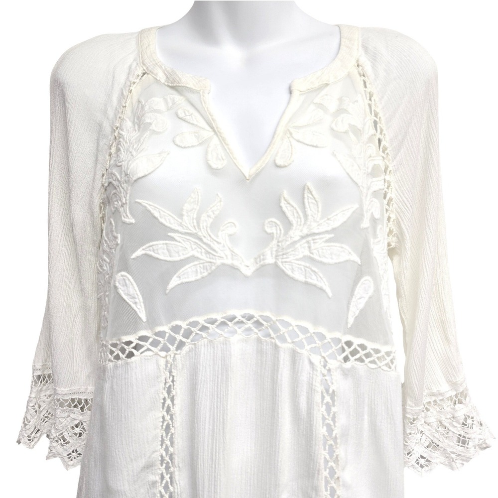 Pale Sky Womens White Embroidered Crochet Lace Peasant Blouse Small Y2K Hippie